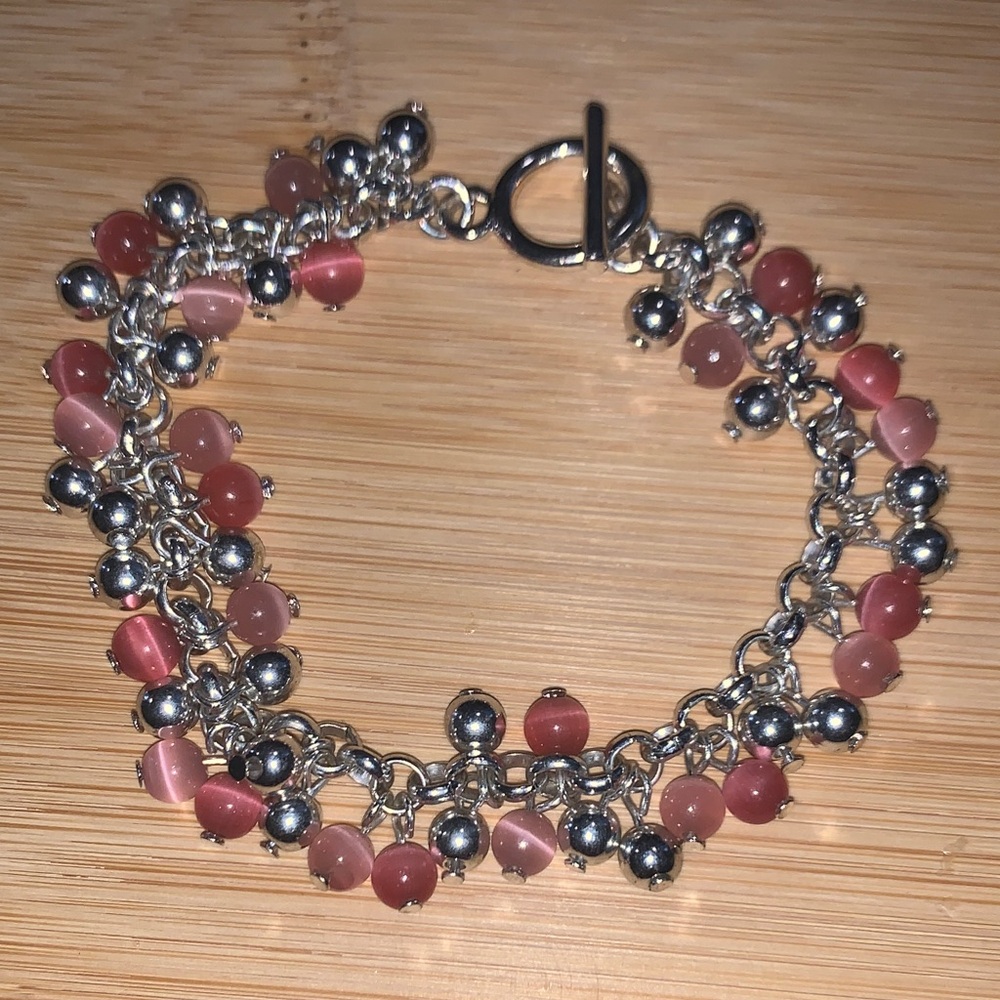 Silver Pink Cat Eye Beaded Bracelet